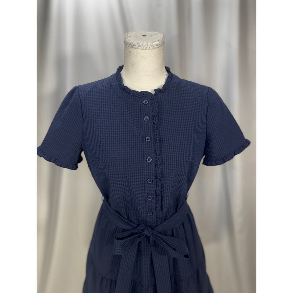 Gal Meets Glam Maisie Navy Blue Seersucker Ruffle Tiered Dress Sz 4 Cottagecore - Picture 14 of 16